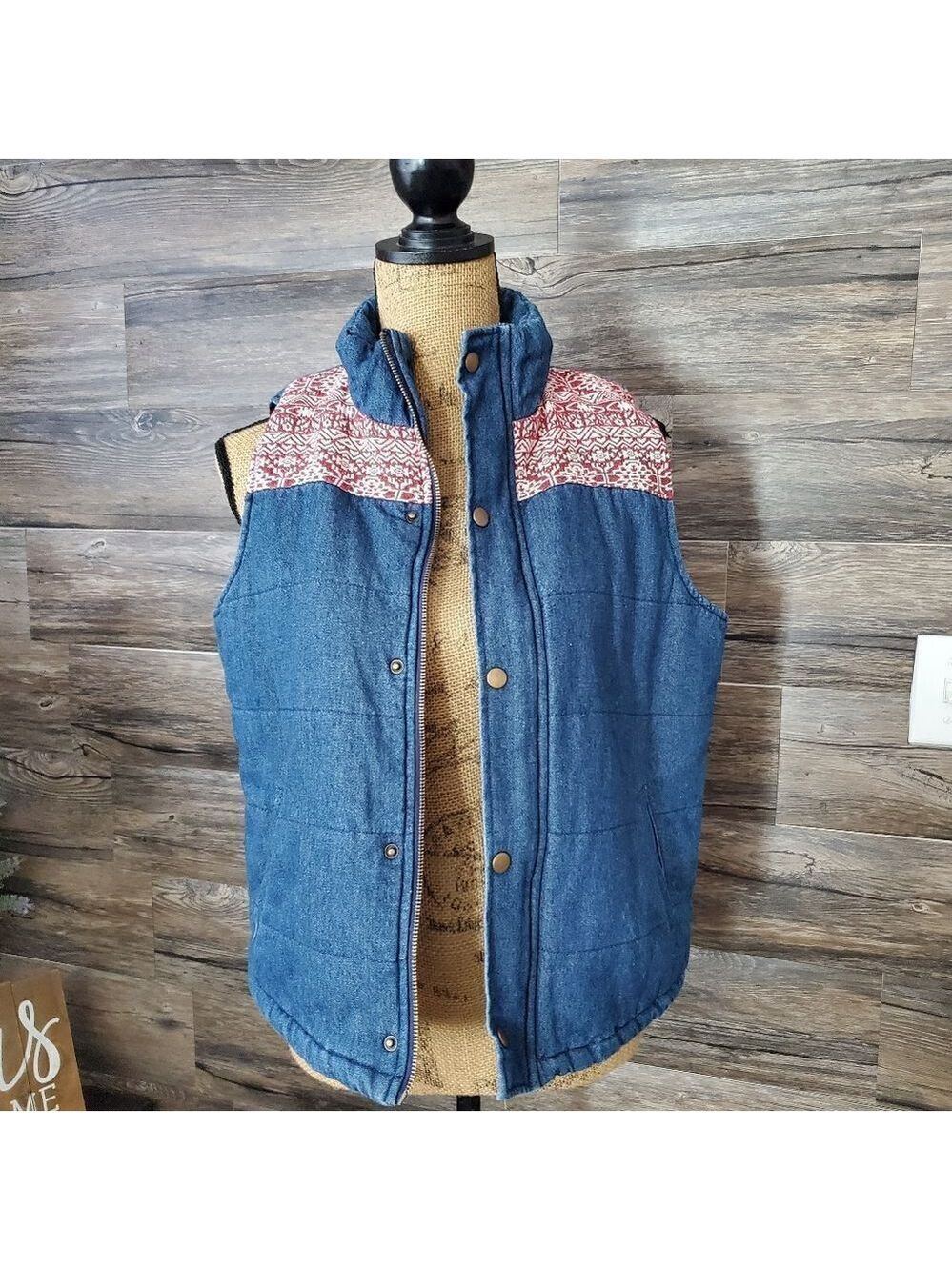 E 2 Western Denim Puffer Jacket Large Full Zip Button